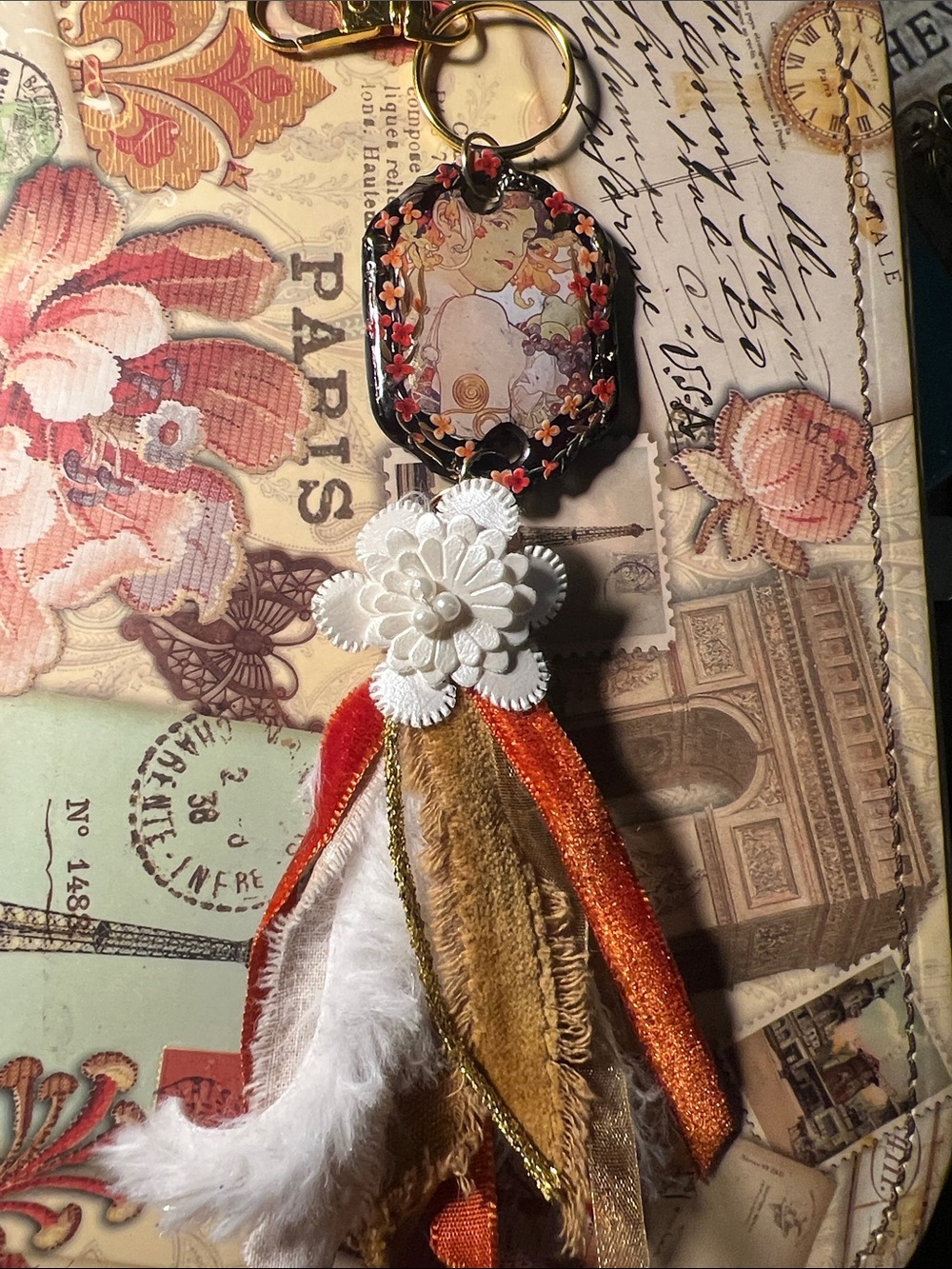 Boho Floral Tassel Keychain, purse charm. Orange, White & Gold